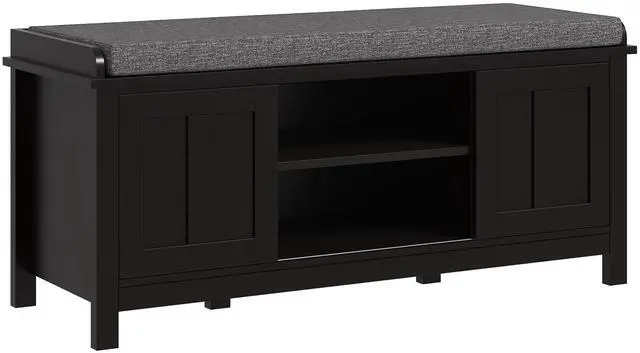Main image of HOMCOM Entryway Shoe Bench Storage Ottoman with Sliding Doors, Adjustable Shelving, 6 Compartments, and Padded Seat, Holds 10 Pairs, Black