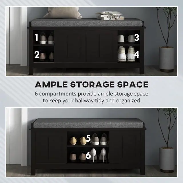 Alt view image 4 of 7 - HOMCOM Entryway Shoe Bench Storage Ottoman with Sliding Doors, Adjustable Shelving, 6 Compartments, and Padded Seat, Holds 10 Pairs, Black