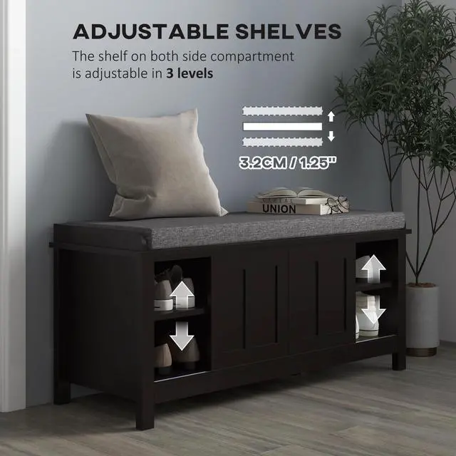 Alt view image 6 of 7 - HOMCOM Entryway Shoe Bench Storage Ottoman with Sliding Doors, Adjustable Shelving, 6 Compartments, and Padded Seat, Holds 10 Pairs, Black