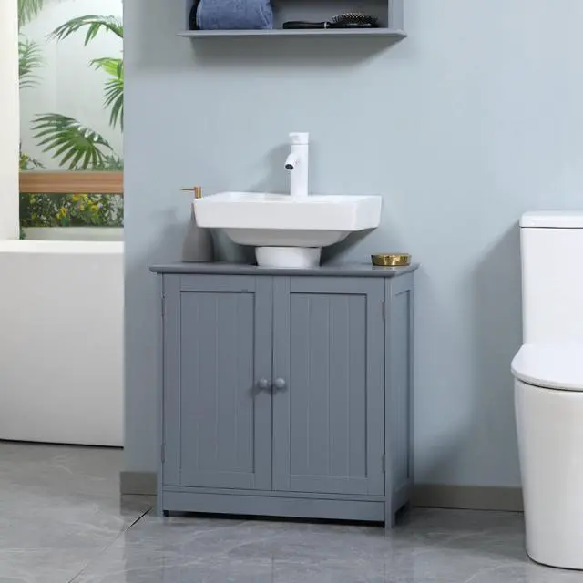 Alt view image 2 of 7 - HOMCOM Under Sink Bathroom Cabinet with 2 Doors and Shelf, Pedestal Sink Bathroom Vanity Cabinet, Gray