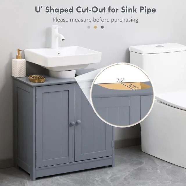 Alt view image 4 of 7 - HOMCOM Under Sink Bathroom Cabinet with 2 Doors and Shelf, Pedestal Sink Bathroom Vanity Cabinet, Gray