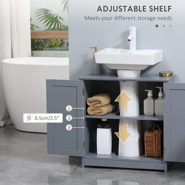 Alt view image 5 of 7 - HOMCOM Under Sink Bathroom Cabinet with 2 Doors and Shelf, Pedestal Sink Bathroom Vanity Cabinet, Gray