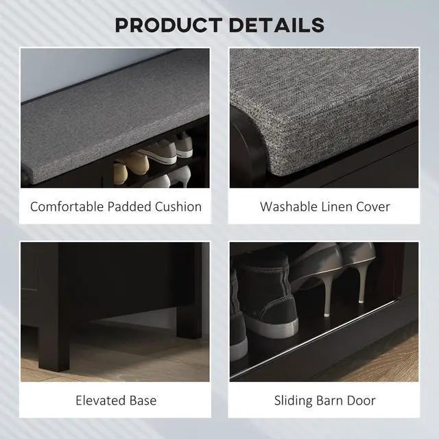 Alt view image 5 of 7 - HOMCOM Entryway Shoe Bench Storage Ottoman with Sliding Doors, Adjustable Shelving, 6 Compartments, and Padded Seat, Holds 10 Pairs, Black