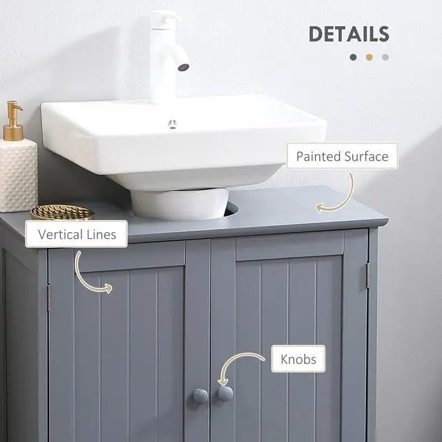 Alt view image 6 of 7 - HOMCOM Under Sink Bathroom Cabinet with 2 Doors and Shelf, Pedestal Sink Bathroom Vanity Cabinet, Gray