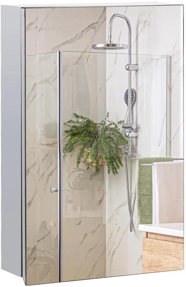 Main image of kleankin Wall-Mounted Medicine Cabinet with Mirror, Bathroom Mirror Cabinet Wall Mounted with Hinged Door, Storage Shelves for Living Room and Laundry Room, 15" x 24", Silver