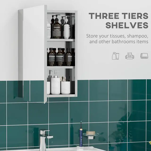 Alt view image 6 of 7 - kleankin Wall-Mounted Medicine Cabinet with Mirror, Bathroom Mirror Cabinet Wall Mounted with Hinged Door, Storage Shelves for Living Room and Laundry Room, 15" x 24", Silver