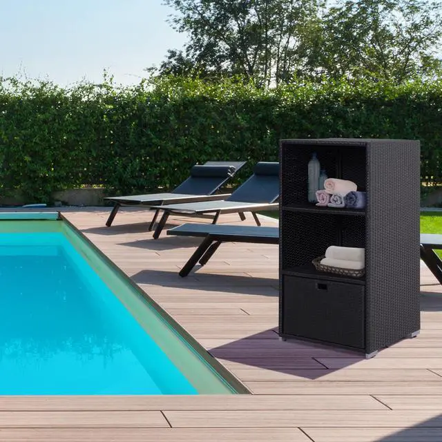 Alt view image 2 of 7 - Outsunny Valet Pool Towel Rack, Waterproof PE Plastic Rattan Wicker Storage Organizer, Indoor Outdoor Spa, and Hot Tub Accessory Storage, 2 Shelves, 1 Basket Drawer, Espresso