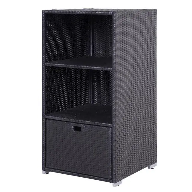 Alt view image 3 of 7 - Outsunny Valet Pool Towel Rack, Waterproof PE Plastic Rattan Wicker Storage Organizer, Indoor Outdoor Spa, and Hot Tub Accessory Storage, 2 Shelves, 1 Basket Drawer, Espresso