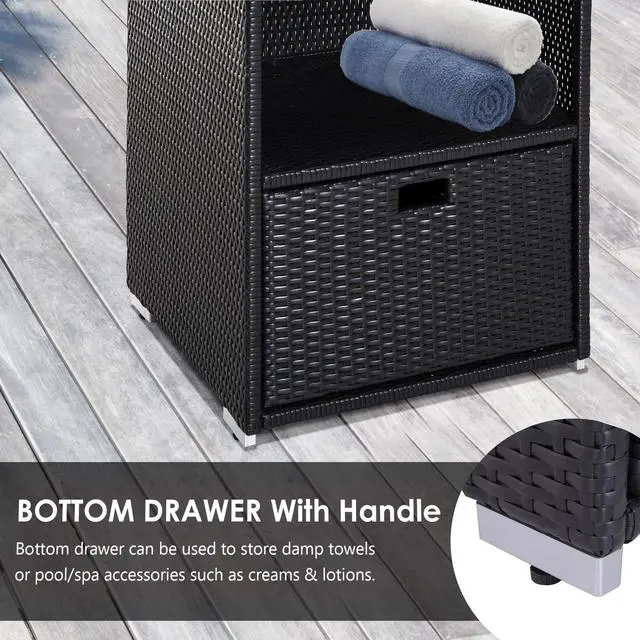 Alt view image 7 of 7 - Outsunny Valet Pool Towel Rack, Waterproof PE Plastic Rattan Wicker Storage Organizer, Indoor Outdoor Spa, and Hot Tub Accessory Storage, 2 Shelves, 1 Basket Drawer, Espresso