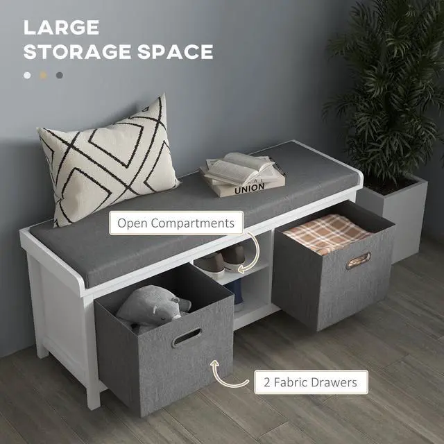 Alt view image 4 of 7 - HOMCOM Shoe Bench with Cushion, Storage Bench for Entryway with Padded Seat, 2 Drawers and Adjustable Shelf for Hallway, Living Room, Bedroom, White