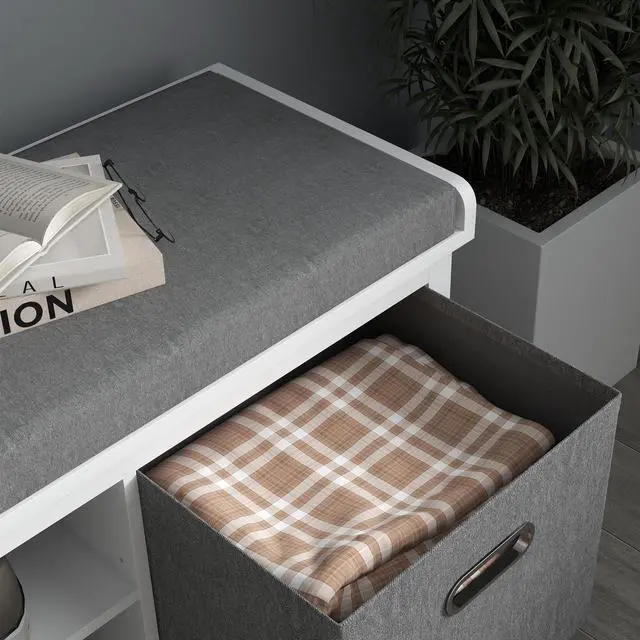 Alt view image 5 of 7 - HOMCOM Shoe Bench with Cushion, Storage Bench for Entryway with Padded Seat, 2 Drawers and Adjustable Shelf for Hallway, Living Room, Bedroom, White
