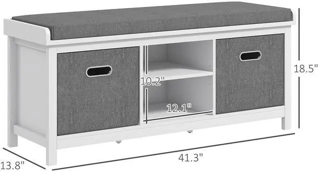 Alt view image 7 of 7 - HOMCOM Shoe Bench with Cushion, Storage Bench for Entryway with Padded Seat, 2 Drawers and Adjustable Shelf for Hallway, Living Room, Bedroom, White