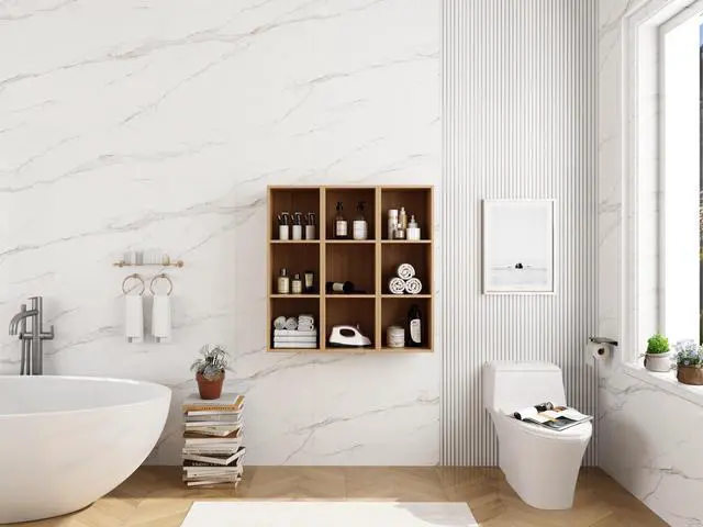 Alt view image 7 of 7 - 36 Inch Wall Mounted Storage Shelves Combination, Suitable For Small Bathroom, Study, Storage Room, Original Oak (KD-Packing)-12*3