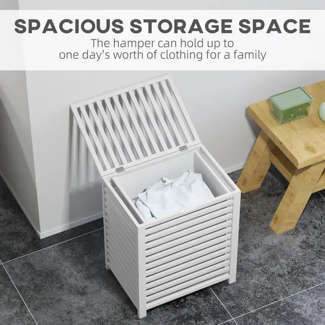 Alt view image 6 of 7 - HOMCOM Bamboo Laundry Hamper with Lid, Laundry Basket with Removable Liner Bag, Dirty Clothes Hamper, 19.75 x 14.25 x 23.5 Inches, White