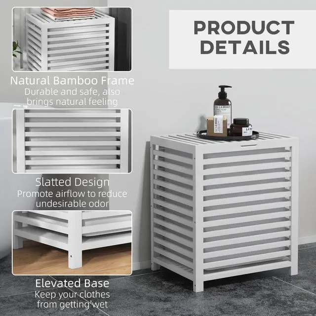Alt view image 3 of 7 - HOMCOM Bamboo Laundry Hamper with Lid, Laundry Basket with Removable Liner Bag, Dirty Clothes Hamper, 19.75 x 14.25 x 23.5 Inches, White