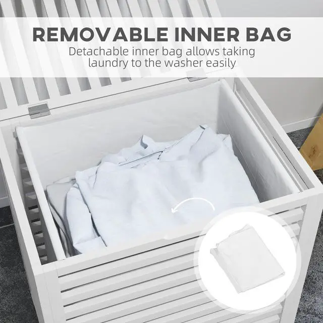 Alt view image 4 of 7 - HOMCOM Bamboo Laundry Hamper with Lid, Laundry Basket with Removable Liner Bag, Dirty Clothes Hamper, 19.75 x 14.25 x 23.5 Inches, White