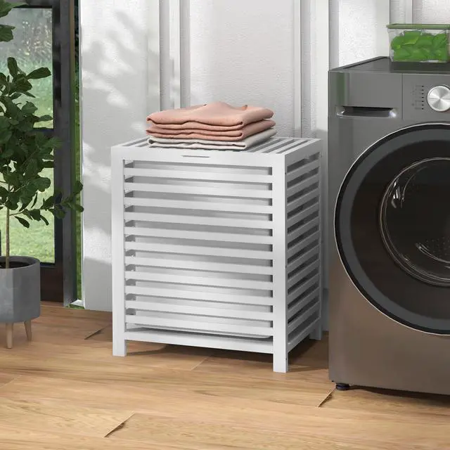 Alt view image 2 of 7 - HOMCOM Bamboo Laundry Hamper with Lid, Laundry Basket with Removable Liner Bag, Dirty Clothes Hamper, 19.75 x 14.25 x 23.5 Inches, White