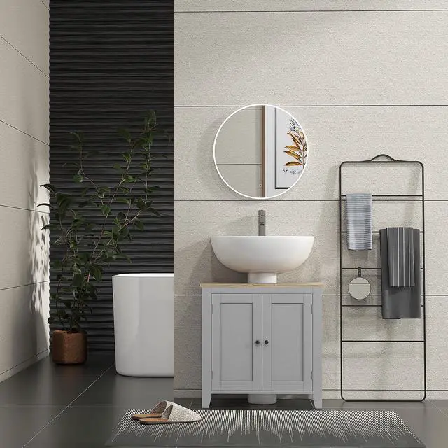 Alt view image 2 of 7 - Kleankin Pedestal Sink Storage Cabinet, Under Sink Cabinet, Bathroom Vanity Cabinet with U-Shape and Adjustable Internal Shelf, Gray