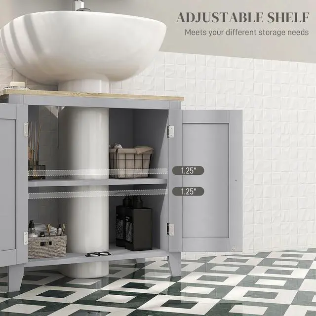 Alt view image 4 of 7 - Kleankin Pedestal Sink Storage Cabinet, Under Sink Cabinet, Bathroom Vanity Cabinet with U-Shape and Adjustable Internal Shelf, Gray