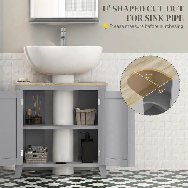 Alt view image 6 of 7 - Kleankin Pedestal Sink Storage Cabinet, Under Sink Cabinet, Bathroom Vanity Cabinet with U-Shape and Adjustable Internal Shelf, Gray