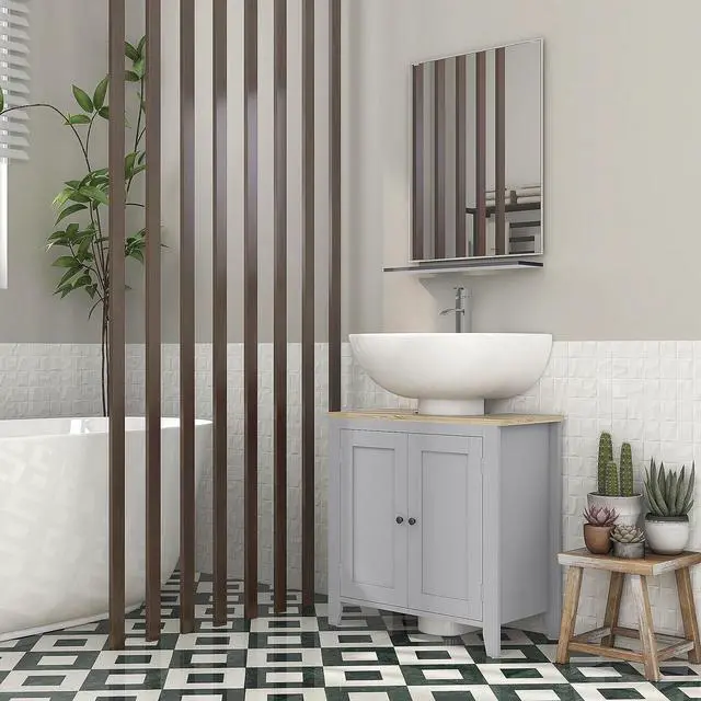 Alt view image 5 of 7 - Kleankin Pedestal Sink Storage Cabinet, Under Sink Cabinet, Bathroom Vanity Cabinet with U-Shape and Adjustable Internal Shelf, Gray