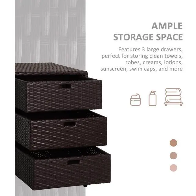 Alt view image 5 of 7 - Outsunny Outdoor Towel Cabinet, PE Rattan Pool Storage Organizer, Freestanding Outdoor Towel Rack for Pool with 3 Drawers and Weather Safe Material, Brown