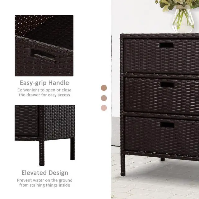 Alt view image 3 of 7 - Outsunny Outdoor Towel Cabinet, PE Rattan Pool Storage Organizer, Freestanding Outdoor Towel Rack for Pool with 3 Drawers and Weather Safe Material, Brown