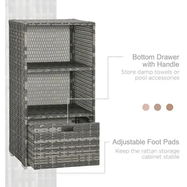 Alt view image 3 of 7 - Outsunny Valet Pool Towel Rack, Waterproof PE Plastic Rattan Wicker Storage Organizer, Indoor Outdoor Spa, and Hot Tub Accessory Storage, 2 Shelves, 1 Basket Drawer, Gray