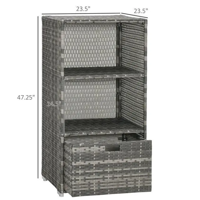 Alt view image 7 of 7 - Outsunny Valet Pool Towel Rack, Waterproof PE Plastic Rattan Wicker Storage Organizer, Indoor Outdoor Spa, and Hot Tub Accessory Storage, 2 Shelves, 1 Basket Drawer, Gray