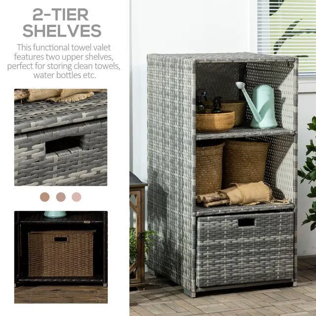 Alt view image 4 of 7 - Outsunny Valet Pool Towel Rack, Waterproof PE Plastic Rattan Wicker Storage Organizer, Indoor Outdoor Spa, and Hot Tub Accessory Storage, 2 Shelves, 1 Basket Drawer, Gray