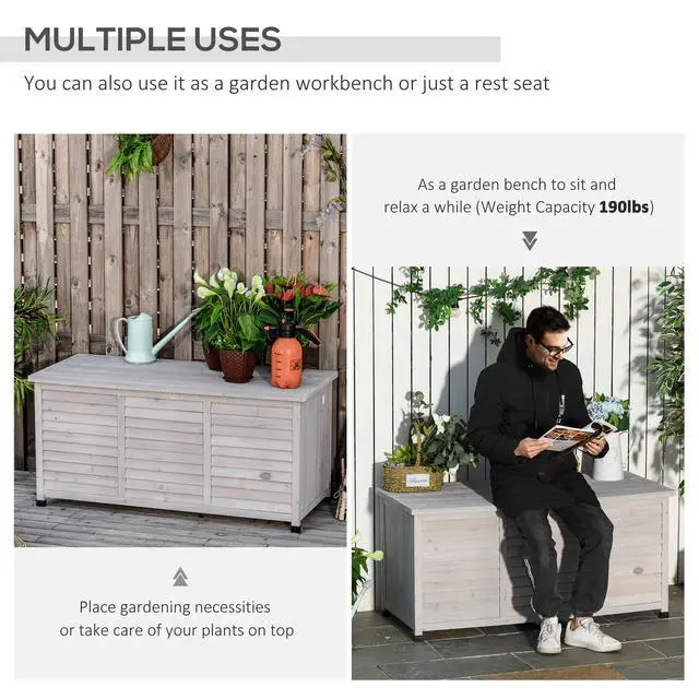 Alt view image 4 of 7 - Outsunny 75 Gallon Wooden Deck Box, Outdoor Storage Container with Aerating Gap & Weather-Fighting Finish, Grey