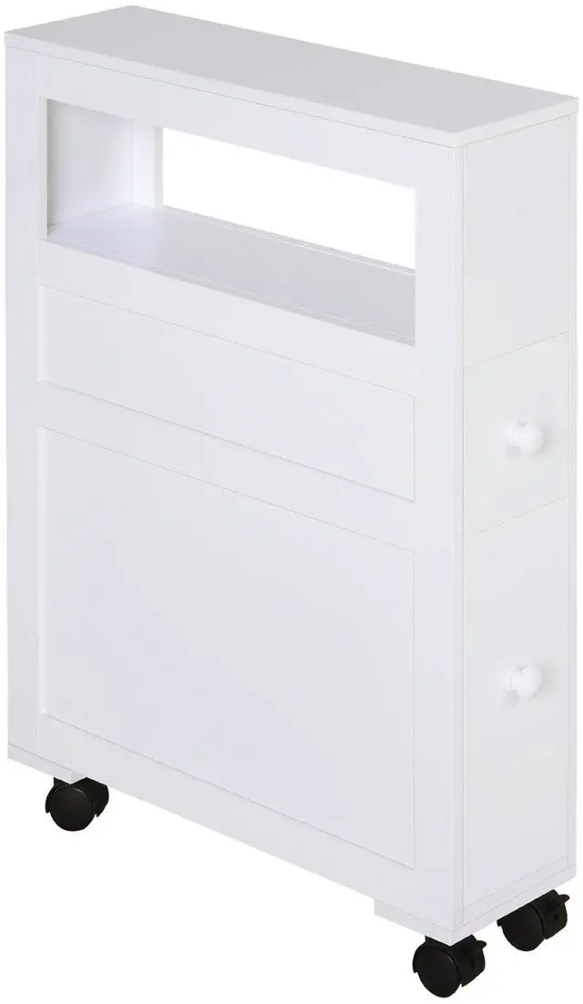 Main image of HOMCOM 6.25" x 20.5" x 28.25" Wood Rolling Narrow Bathroom Side Storage Cabinet - White