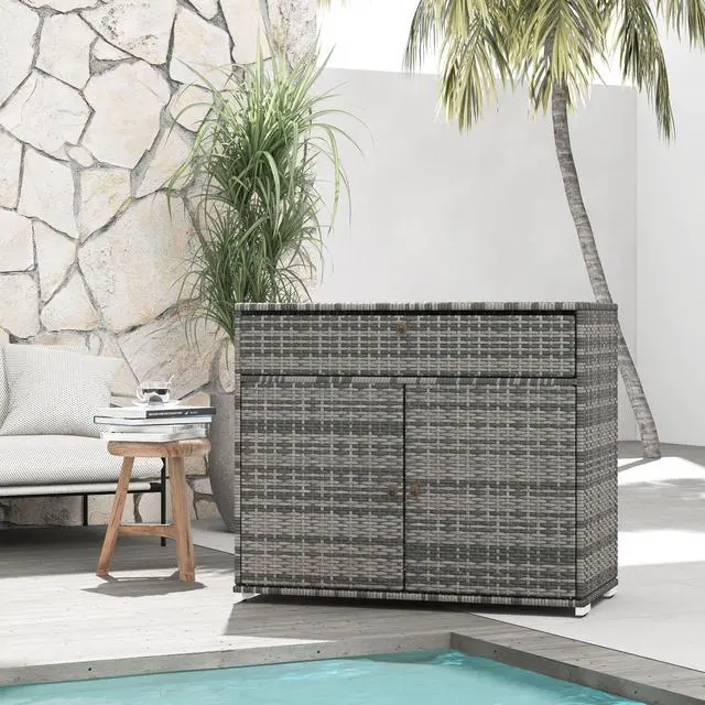 Alt view image 2 of 7 - Outsunny Outdoor Towel Rack & Pool Toy Cabinet, Hot Tub Accessory Storage, Freestanding PE Rattan Wicker Cabinet with Drawer for Indoor, Outdoor Swimming Pool, Spa, Gray