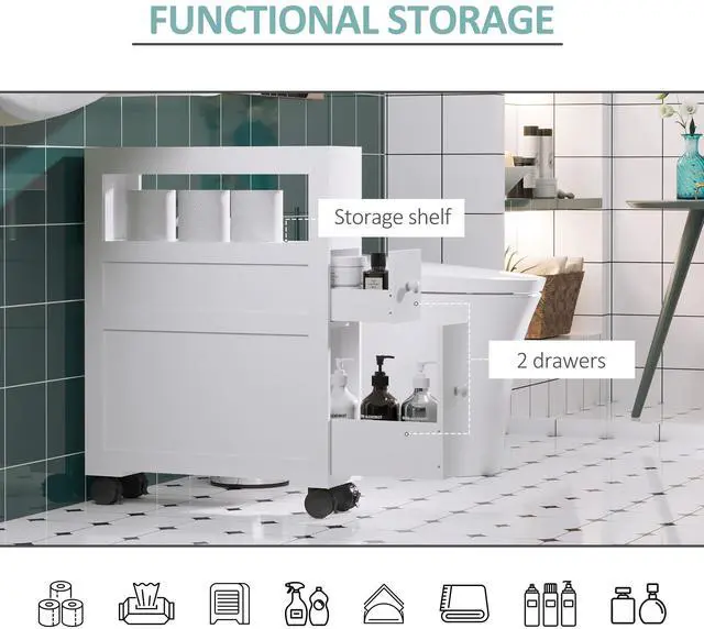 Alt view image 4 of 7 - HOMCOM 6.25" x 20.5" x 28.25" Wood Rolling Narrow Bathroom Side Storage Cabinet - White