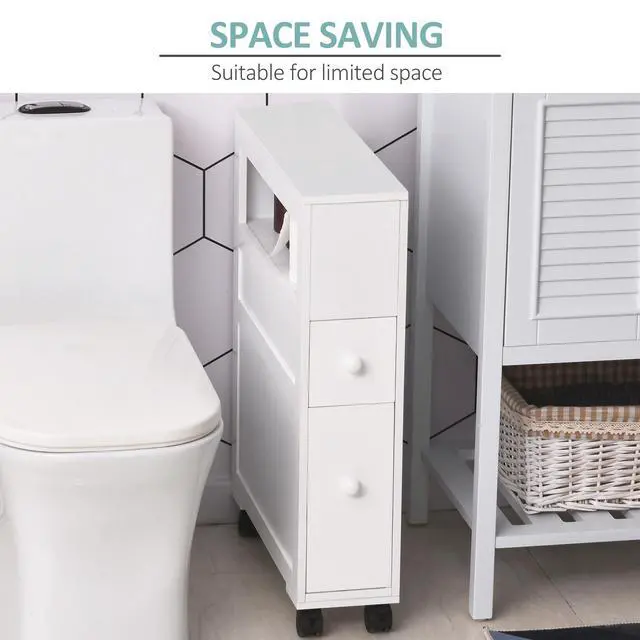 Alt view image 5 of 7 - HOMCOM 6.25" x 20.5" x 28.25" Wood Rolling Narrow Bathroom Side Storage Cabinet - White