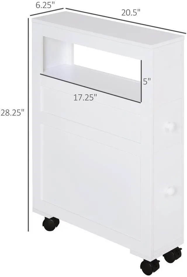 Alt view image 7 of 7 - HOMCOM 6.25" x 20.5" x 28.25" Wood Rolling Narrow Bathroom Side Storage Cabinet - White