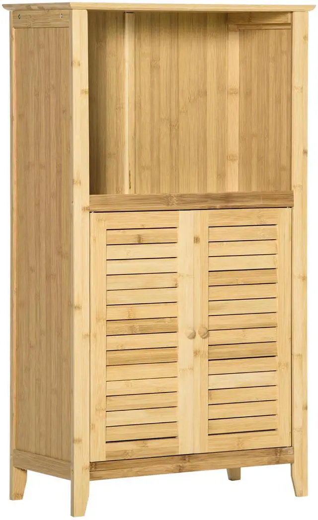 Main image of HOMCOM Bamboo Floor Cabinet Bathroom Floor Cabinet Living Room Organizer Tower with Multiple Shelves and Doors, Natural
