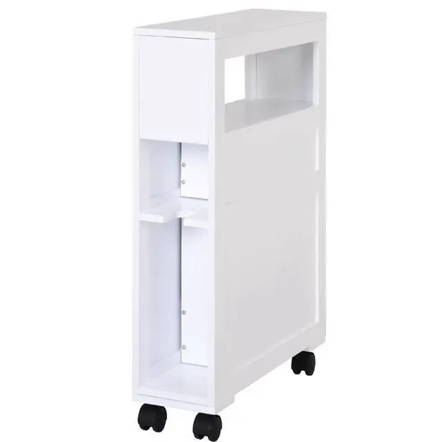 Alt view image 3 of 7 - HOMCOM 6.25" x 20.5" x 28.25" Wood Rolling Narrow Bathroom Side Storage Cabinet - White
