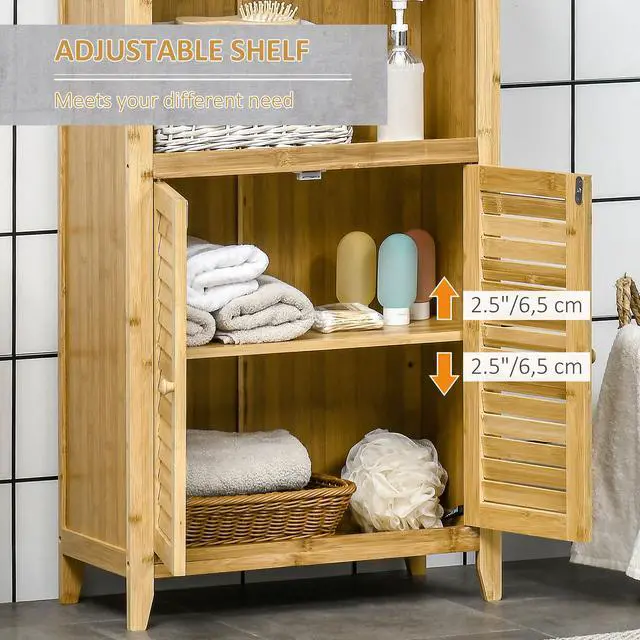 Alt view image 4 of 7 - HOMCOM Bamboo Floor Cabinet Bathroom Floor Cabinet Living Room Organizer Tower with Multiple Shelves and Doors, Natural