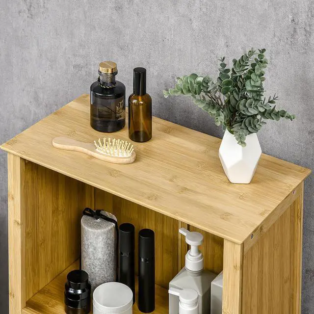 Alt view image 2 of 7 - HOMCOM Bamboo Floor Cabinet Bathroom Floor Cabinet Living Room Organizer Tower with Multiple Shelves and Doors, Natural