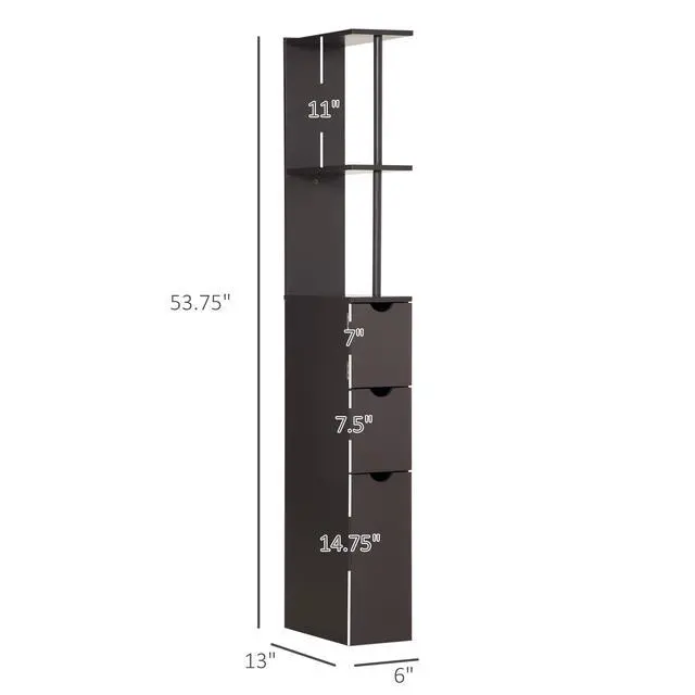 Alt view image 7 of 7 - HOMCOM 54" Tall Bathroom Storage Cabinet, Freestanding Linen Tower with 2-Tier Shelf and Drawers, Narrow Side Floor Organizer, Brown