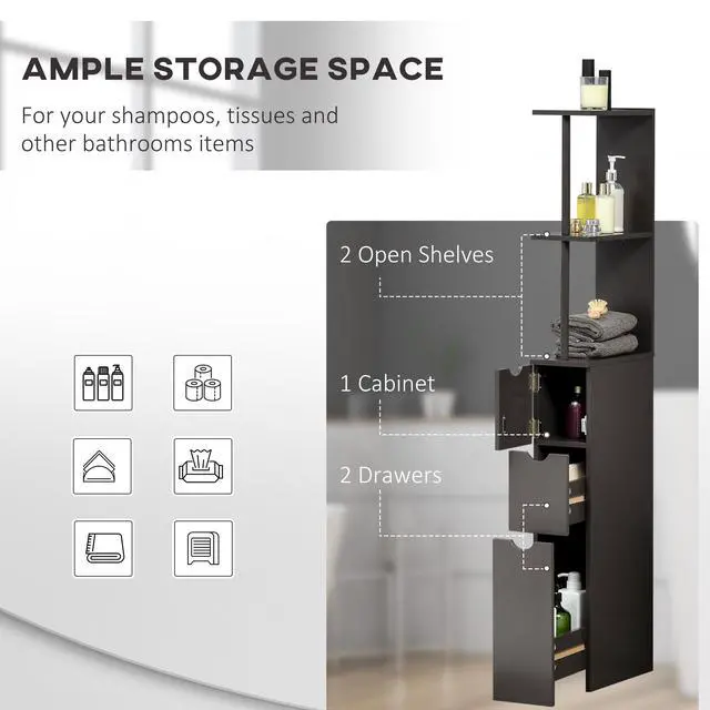 Alt view image 6 of 7 - HOMCOM 54" Tall Bathroom Storage Cabinet, Freestanding Linen Tower with 2-Tier Shelf and Drawers, Narrow Side Floor Organizer, Brown