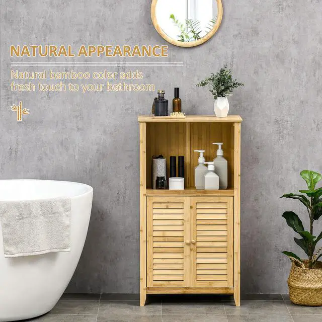 Alt view image 6 of 7 - HOMCOM Bamboo Floor Cabinet Bathroom Floor Cabinet Living Room Organizer Tower with Multiple Shelves and Doors, Natural