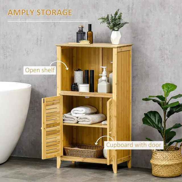 Alt view image 5 of 7 - HOMCOM Bamboo Floor Cabinet Bathroom Floor Cabinet Living Room Organizer Tower with Multiple Shelves and Doors, Natural