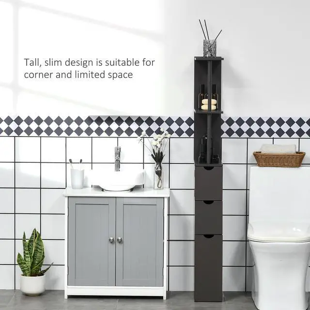 Alt view image 5 of 7 - HOMCOM 54" Tall Bathroom Storage Cabinet, Freestanding Linen Tower with 2-Tier Shelf and Drawers, Narrow Side Floor Organizer, Brown