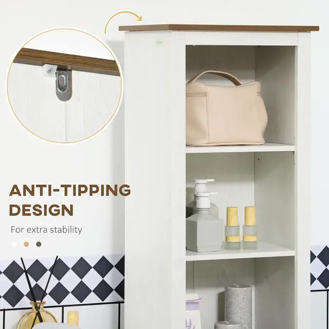 Alt view image 4 of 7 - kleankin Slim Bathroom Storage Cabinet with Triple Open Shelves, Wooden Freestanding Linen Tower with Door and Shelf Adjustability, White