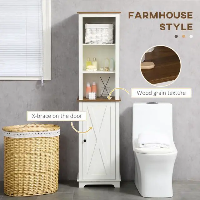 Alt view image 6 of 7 - kleankin Slim Bathroom Storage Cabinet with Triple Open Shelves, Wooden Freestanding Linen Tower with Door and Shelf Adjustability, White