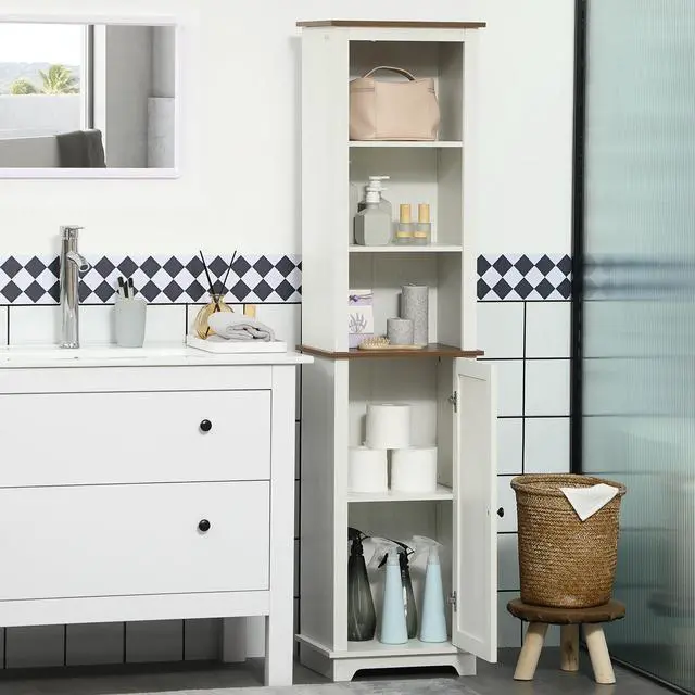 Alt view image 3 of 7 - kleankin Slim Bathroom Storage Cabinet with Triple Open Shelves, Wooden Freestanding Linen Tower with Door and Shelf Adjustability, White
