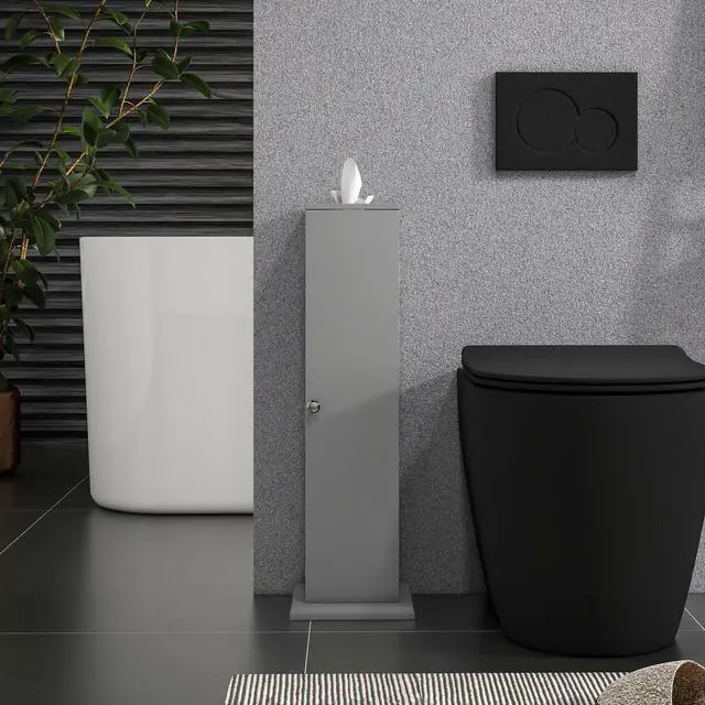 Alt view image 3 of 7 - HOMCOM Toilet Paper Cabinet, Small Bathroom Corner Floor Cabinet with Doors and Shelves, Thin Storage Bathroom Organizer for Paper Shampoo, Gray