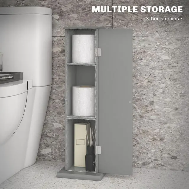 Alt view image 5 of 7 - HOMCOM Toilet Paper Cabinet, Small Bathroom Corner Floor Cabinet with Doors and Shelves, Thin Storage Bathroom Organizer for Paper Shampoo, Gray